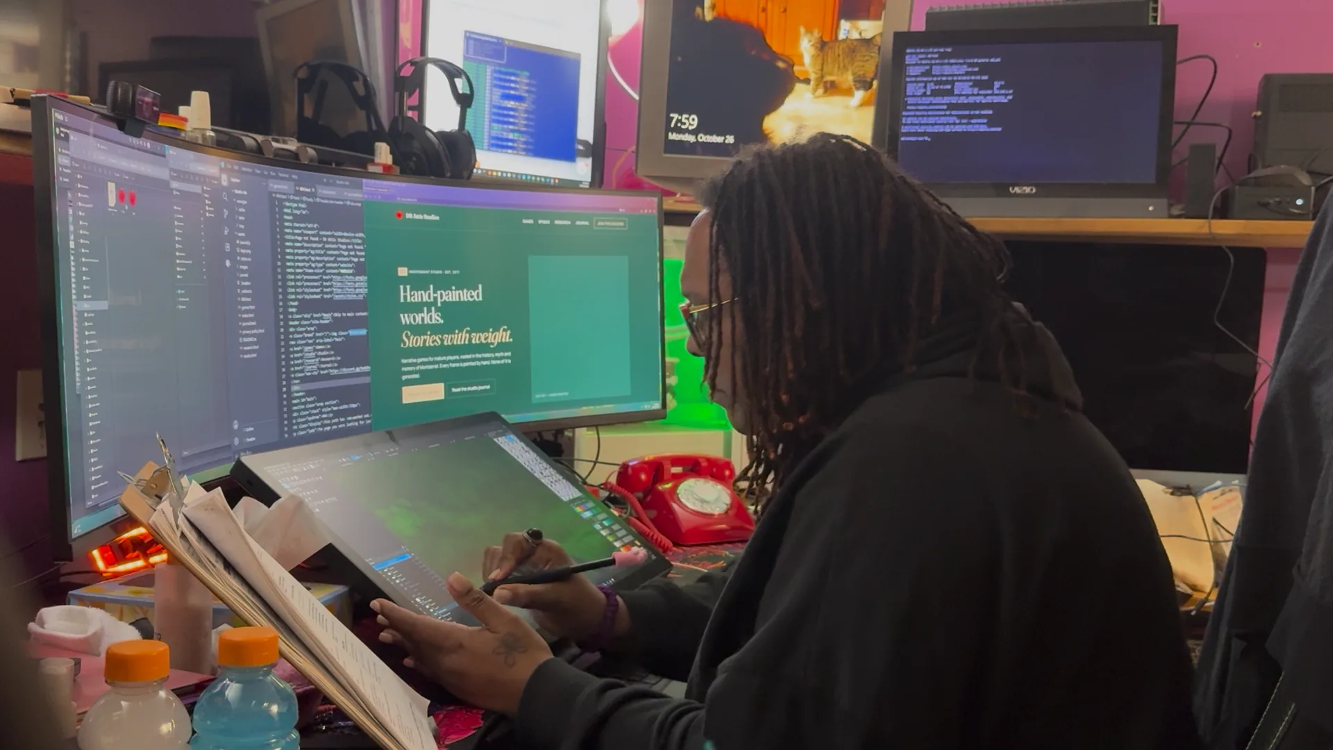 DB at her pen display, painting game art, with the studio website on the monitor behind her